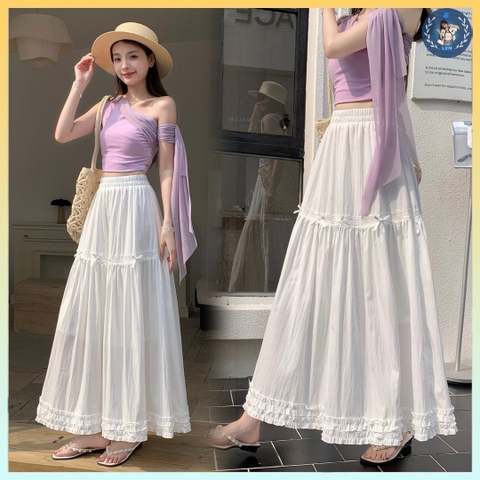 [Q108] Chân váy MAXI BÈO LAI PHỐI REN đính nơ đơn giản thanh lịch có lót trong dễ phối đồ - L2M (New)