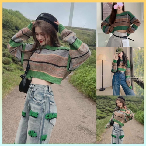 [A051] Áo len nữ Montoghi dệt kim TAY DÀI dáng CROPTOP kẻ sọc xanh HQ loại 1 chơi Đà Lạt  - L2M  (Hot)