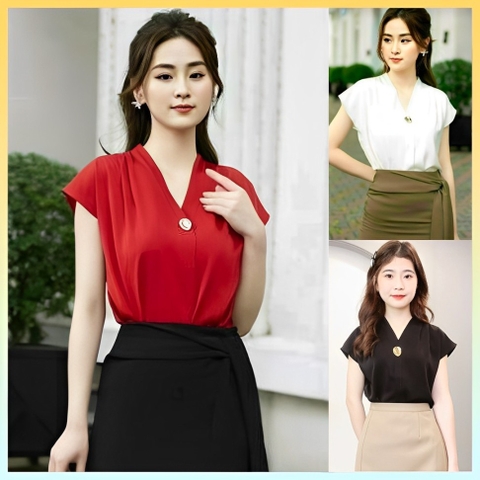 [A312] Áo sơ mi kiểu nữ NÚT GIỌT NƯỚC tay CÁNH DƠI cổ V vải mát dáng sang trọng và thanh lịch - L2M