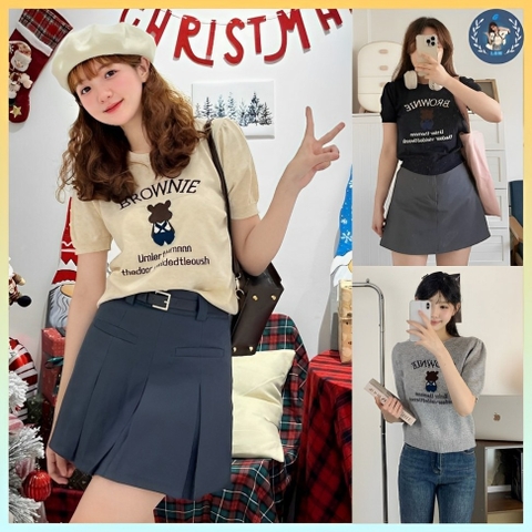 [A327] Áo len nữ Montoghi dệt kim GẤU GIỮA BROWNIE màu trơn phối chữ QC kiểu dáng thanh lịch - L2M