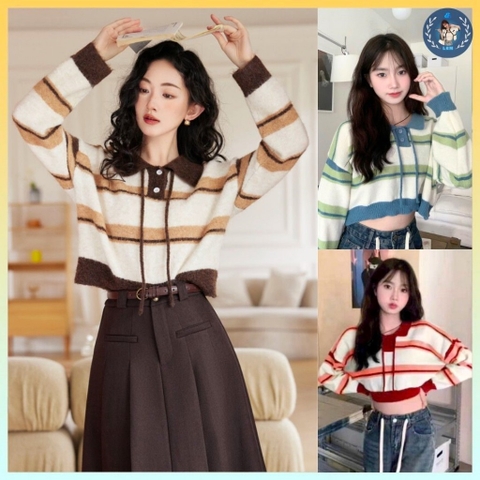 [A340] Áo len nữ Montoghi dệt kim KẺ SỌC PHỐI DÂY dáng CROPTOP phong cách Hàn Quốc trẻ trung - L2M