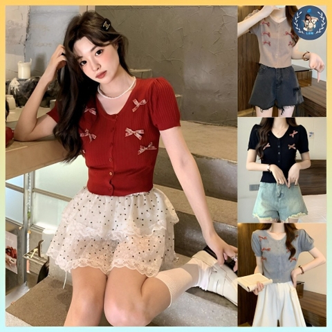 [A343] Áo len nữ Montoghi dệt kim NHIỀU NƠ PHỐI NÚT tay ngắn kiểu dáng xinh xắn thanh lịch - L2M