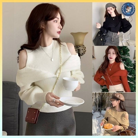 [A243] Áo len thun nữ Montoghi dệt kim BẸT VAI tay dài cổ tròn hàng Quảng Châu sang trọng - L2M