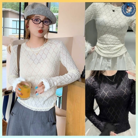 [A400] Áo len mỏng kiểu nữ 2 lớp phối TAY LÔNG họa tiết hình thoi hàng Quảng Châu sang chảnh - L2M  (New)