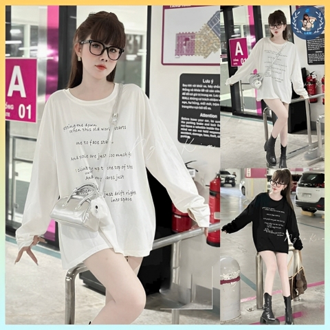 [A365] Áo len THUN GIẤY dệt kim MỎNG phối NHIỀU CHỮ phom rộng tay dài hàng Quảng Châu cá tính - L2M