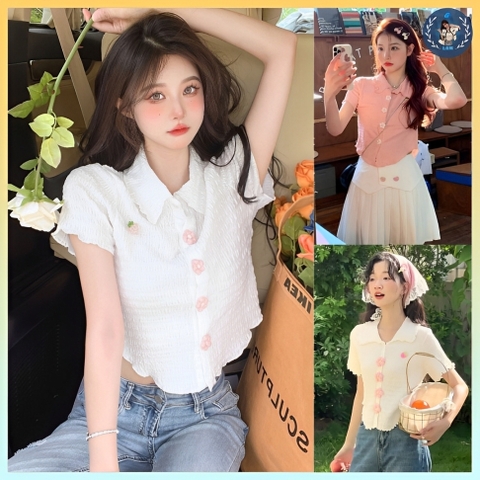 [A401] Áo len nữ Montoghi dệt kim Quảng Châu NÚT ĐAN HOA phối logo DÂU TÂY kiểu dáng xinh xắn - L2M