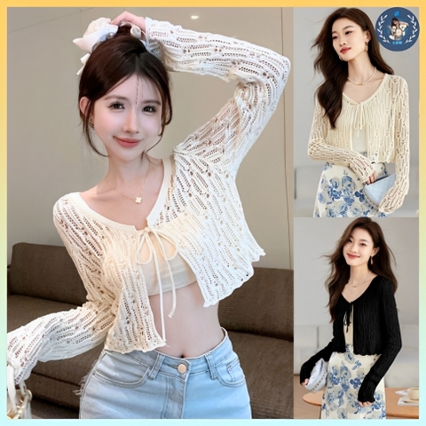 [A402] Áo khoác len lưới Montoghi KIỂU LƯỚI DỌC phối dây buộc dáng lửng tay dài dễ phối đồ - L2M