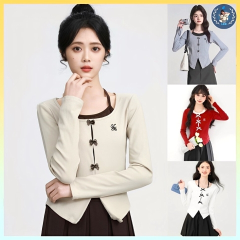 [A364] Áo len thun nữ dệt kim PHỐI LỚP LÓT 3 NƠ kiểu vạt xẻ tay dài CỔ YẾM sang trọng - L2M