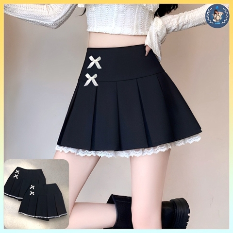 [Q003-12] Quần giả váy nữ 2 NƠ HÔNG phối REN kiểu lưng thun co giãn chất tuyết mưa xinh xắn - L2M