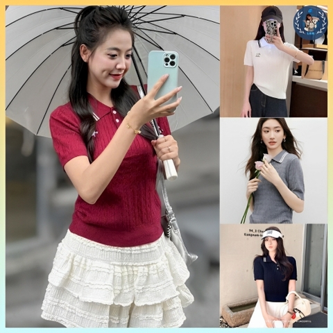 [A403] Áo len nữ Montoghi dệt kim KIỂU THỪNG VIỀN CỔ phối logo cún con thanh lịch và dễ thương - L2M