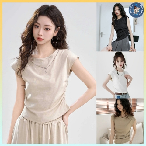 [A405] Áo thun kiểu nữ CỔ TRÒN VAI HẾN kèm VÒNG NGỌC TUA kiểu rút eo 2 bên tôn dáng sang trọng - L2M