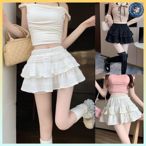 [Q083] Chân váy XÒE HỌA TIẾT REN NHIỀU TẦNG có lót trong lưng thun co giãn dáng ngắn xinh xắn - L2M  (New)