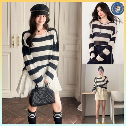 [A407] Áo len nữ Montoghi dệt kim LƯỚI MỎNG thiết kế SỌC XEM KẼ dáng vừa phong cách cá tính - L2M (New)