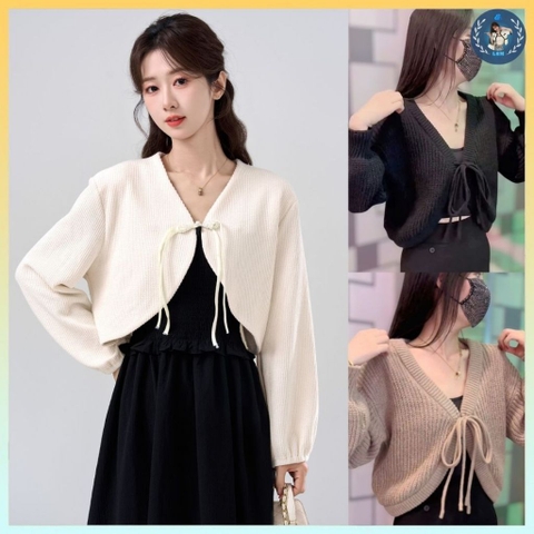 [A413] Áo KHOÁC len nữ cardigan dệt kim TAY ĐÈN LỒNG phối DÂY NƠ KÉP kiểu dáng sang trọng - L2M (New)