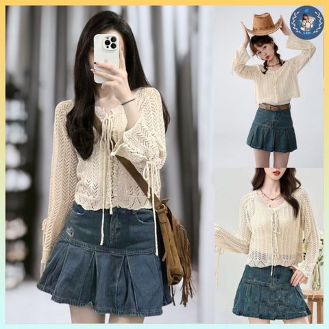 [A416] Áo len LƯỚI Montoghi dệt kim ĐAN DÂY GIỮA phối NƠ TAY xinh xắn đi biển dễ phối đồ - L2M (New)