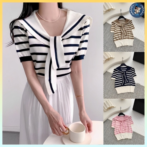 [A349] Áo len Montoghi dệt kim THỦY THỦ BUỘC KHĂN họa tiết sọc Quảng Châu xinh xắn thanh lịch - L2M  (Hot)