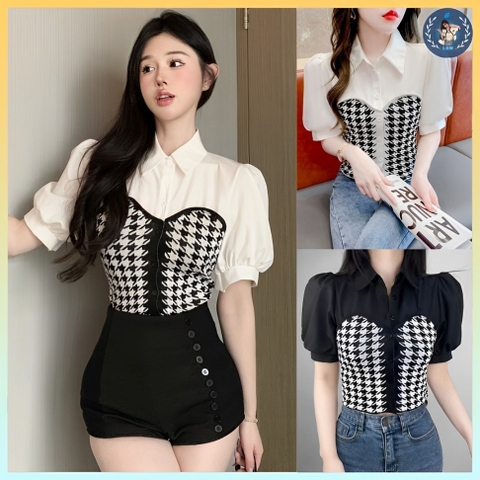 [A361] Áo len nữ Montoghi phong cách GILE CARO kiểu CÚP NGỰC phối cổ sơ mi tay phồng xinh xắn - L2M (Sale)