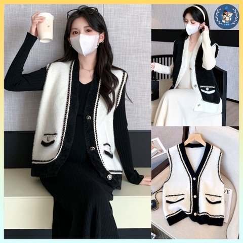 [A354] Áo len nữ Montoghi dệt kim GILE LÔNG VIỀN CHỈ phối nút CAO CẤP kiểu dáng sang trọng - L2M (Sale)