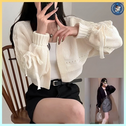 [A367] Áo KHOÁC len nữ cardigan dệt kim TAY PHỒNG CỘT NƠ dáng CROPTOP kiểu dáng sang trọng - L2M  (Hot)