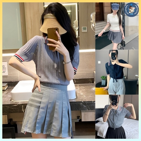 [A368] Áo len nữ Montoghi dệt kim VIỀN SỌC MÀU kèm NÚT EO phối NƠ CỘT thanh lịch sang trọng - L2M