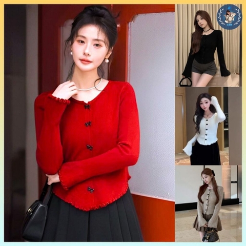 [A372] Áo len nữ Montoghi dệt kim TAY LOE VIỀN BÈO phối NÚT HÌNH NƠ tay dài sang trọng - L2M