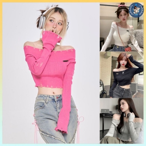 [A373] Áo len nữ Montoghi dệt kim logo LUCKY VIỀN RÁCH BẸT VAI dáng croptop tay dài cá tính - L2M