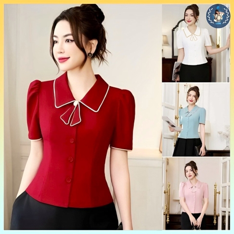 [A371] Áo sơ mi kiểu nữ công sở CỔ ĐÍNH NƠ kiểu TAI THỎ xinh xắn tay ngắn sang trọng - L2M