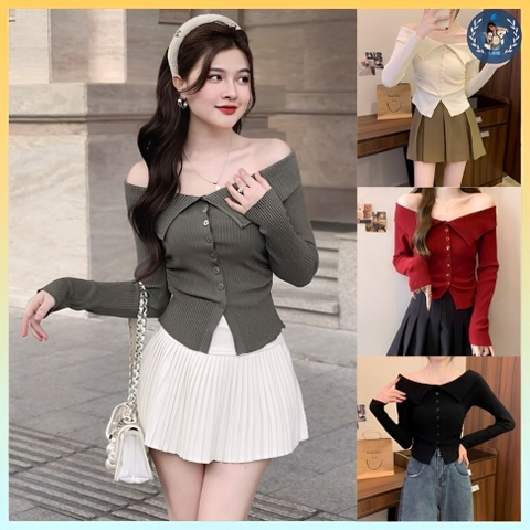 [A296] Áo len thun Montoghi dệt kim KIỂU NHÚN EO phối bẹt 2 bên vai tay dài phối nút xinh xắn - L2M