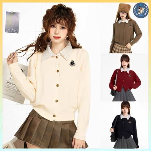 [A358] Áo len nữ Montoghi dệt kim PHỐI CỔ SƠ MI SỌC thêu LOGO cài nút tay dài QC sang trọng - L2M  (Hot)