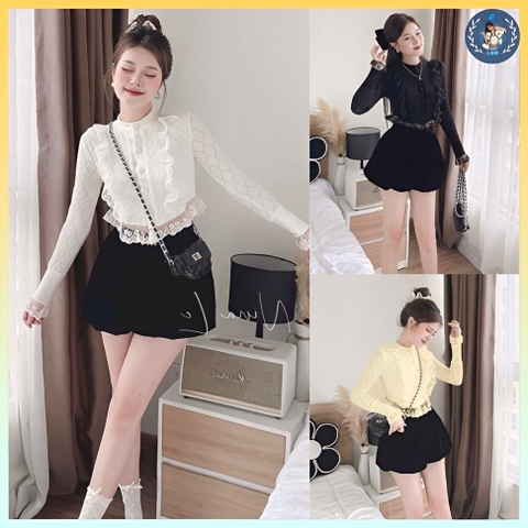 [A379] Áo len kiểu nữ CÚC BỌC phối REN tay dài LOẠI 1 phối thun 2 LỚP họa tiết Quảng Châu HOT - L2M  (Hot)