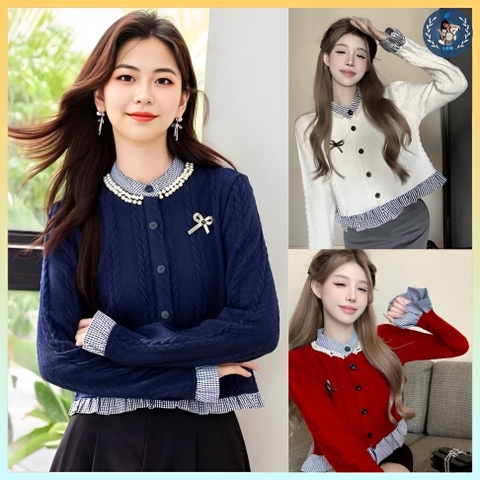 [A395] Áo len nữ Montoghi dệt kim PHỐI BÈO CARO cài LOGO NƠ kiểu thừng tay dài sang trọng - L2M  (New)