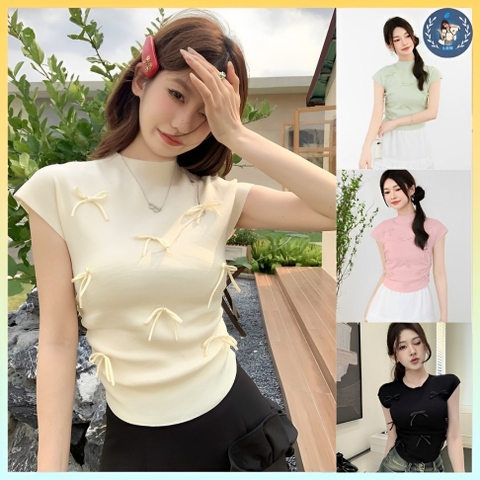 [A397] Áo len nữ Montoghi dệt kim PHỐI NƠ CÙNG MÀU kiểu RÚT EO vai hến xinh xắn siêu tôn dáng - L2M  (New)