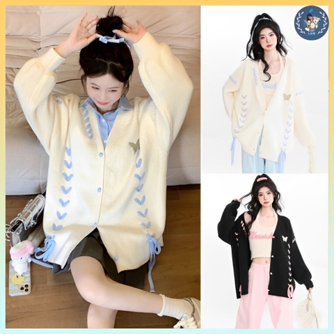 [A398] Áo khoác len nữ Cardigan PHỐI DÂY HÌNH TIM kèm TAG CÀI phom rộng vải dày dặn cực xịn - L2M  (New)