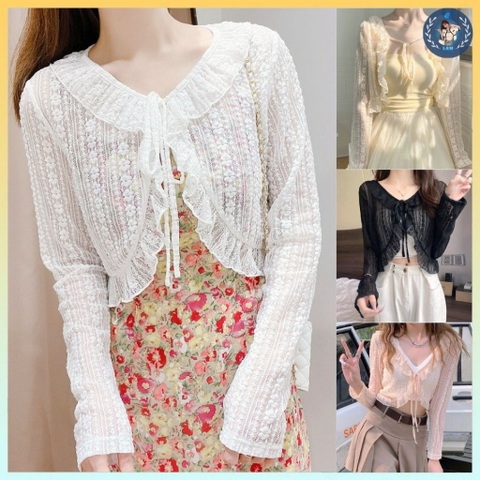 [A177] Áo khoác len REN VIỀN BÈO thắt nơ tay dài dệt kim hàng Quảng Châu mềm mỏng xinh xắn - L2M