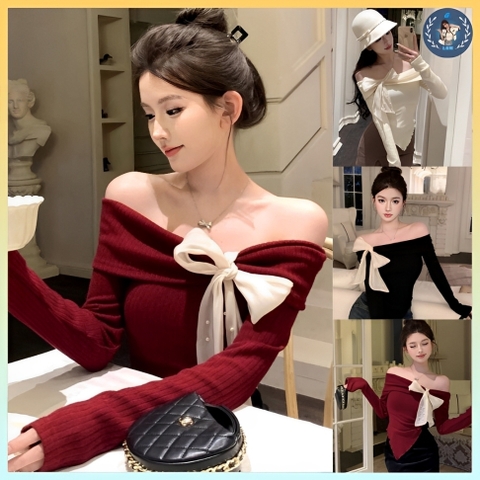 [A363] Áo len thun nữ Montoghi dệt kim LỆCH VAI THẮT NƠ ĐÍNH NGỌC tay dài vạt nhọn siêu hot - L2M