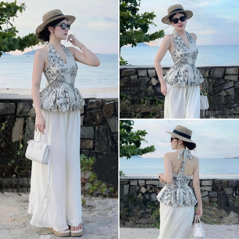 [A446] Set Áo kiểu CỔ YẾM VẼ HOA VĂN có mút kèm QUẦN TƠ GÃY 2 lớp ống rộng lưng chun tôn dáng - L2M (New)