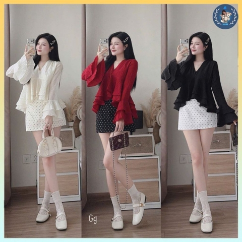 [A489] SET (2 MÓN) áo kiểu nữ BABY BÈO TẦNG TAY LOE phối CHÂN VÁY BI có lót trong xinh xắn - L2M (New)