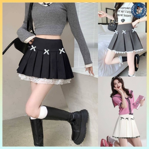 [Q003-14] Quần giả váy nữ kiểu XẾP LY 3 NƠ NGANG PHỐI REN lưng thun co giãn dễ phối đồ - L2M (New)