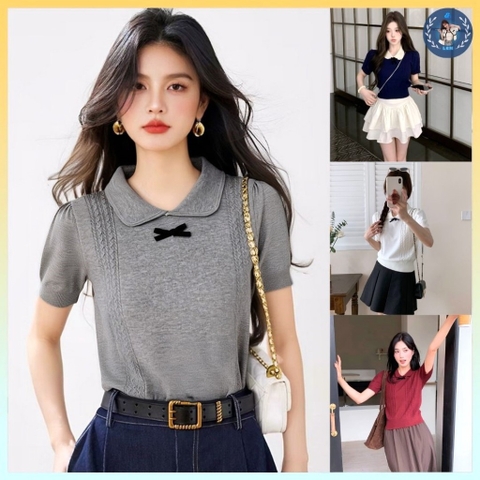 [A474] Áo len nữ Montoghi dệt kim QC PHỐI NƠ ĐEN họa tiết THỪNG 2 BÊN xinh xắn điệu đà - L2M (New)