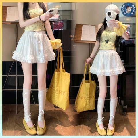 [Q099] Chân váy XÒE 3 ĐƯỜNG BÈO LAI có lót trong lưng thun co giãn dáng ngắn xinh xắn - L2M (New)