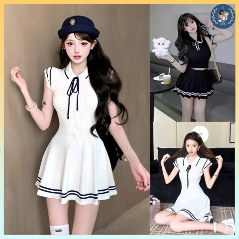 [A450] Set Áo THUN TĂM nữ VAI BÈO VIỀN THẮT NƠ kèm CHÂN VÁY XẾP LY có lót trong nữ tính - L2M (New)