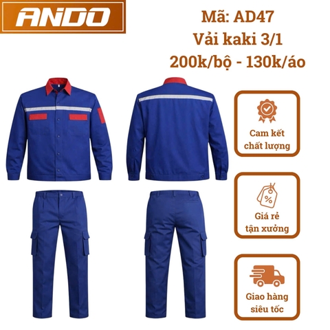 Quần áo bảo hộ lao động AD47 màu xanh phối ngực đỏ, vải kaki 3/1, thiết kế & in đồng phục doanh nghiệp, nhà xưởng