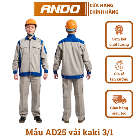 Quần áo bảo hộ lao động mẫu AD25 màu ghi đậm phối xanh, vải kaki 3/1, in đồng phục doanh nghiệp, nhà xưởng, đội thi công,…