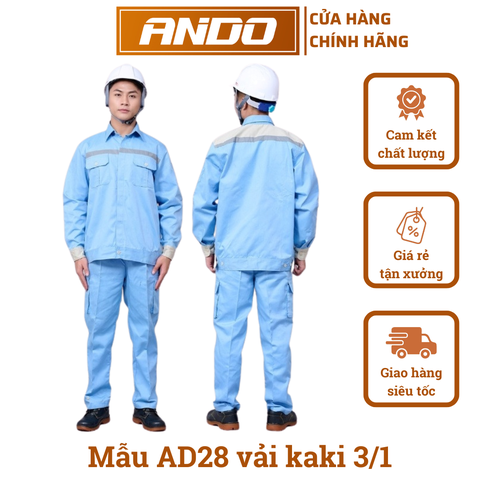 Quần áo bảo hộ lao động mẫu AD28 màu xanh lơ, phản quang lưng ngực, vải kaki 3/1, in đồng phục doanh nghiệp, nhà xưởng, đội thi công,…