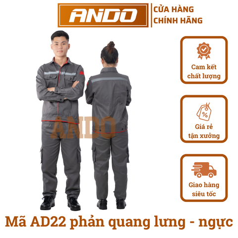 Quần áo bảo hộ lao động mẫu AD22 màu chì kẻ đỏ, vải kaki 3/1, in đồng phục doanh nghiệp, nhà xưởng, đội thi công,…