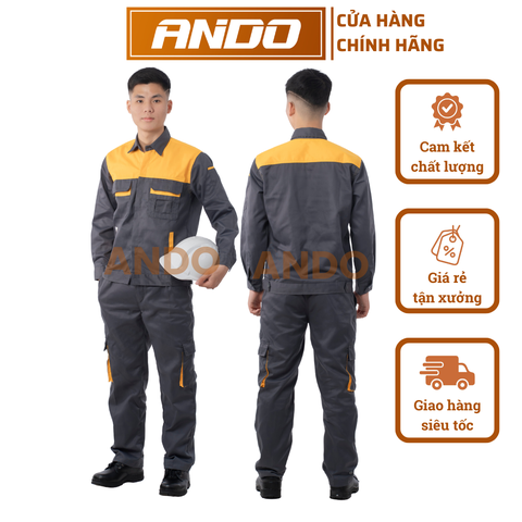 Quần áo bảo hộ lao động mẫu AD23 màu chì phối ngực vàng, có phản quang, vải kaki 3/1, in đồng phục doanh nghiệp, nhà xưởng, đội thi công,…