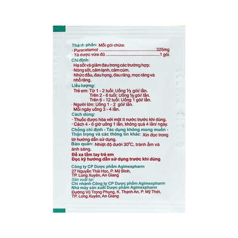 Agimol 325 - Hộp 30 gói - Agimexpharm (Paracetamol 325mg)