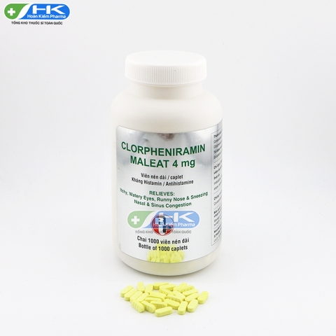 Clorpheniramin Maleat 4mg -  Chai 1000 viên nén dài - Robinson Pharma(Clorpheniramin 4mg)