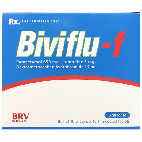 Biviflu F - Hộp 10 vỉ x 10 viên nén - BVPharma (Paracetamol 650mg; Loratadine 5mg; Dextromethorphan HBr 15mg)