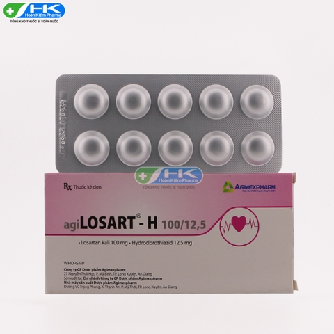 AgiLosart-H 100/12,5 - Hộp 3 vỉ x 10 viên nén - Agimexpharm(Losartan kali 100 mg; Hydroclorothiazid 12,5 mg)